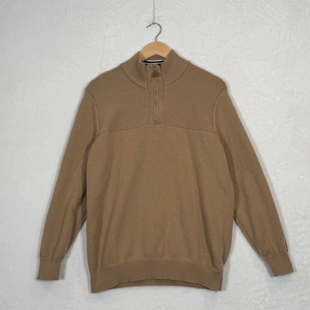 PJ Paul Jones Mens Quarter Zip Sweater Camel Tan Textured Knit Pullover Medium